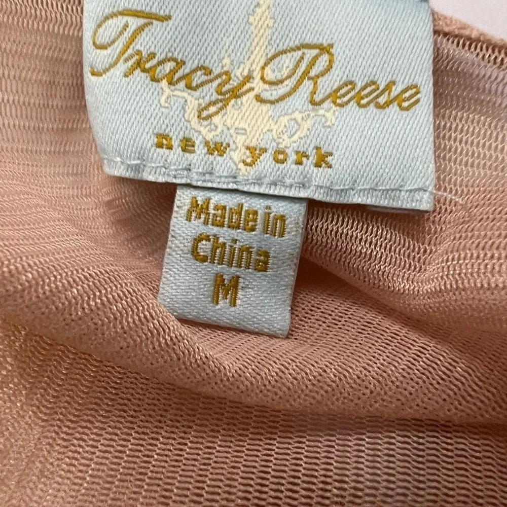 Tracy Reese Peach Black Graphic Print Silk 3/4 Blouse Puff Sleeve Blouse Top Med